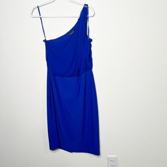 Lauren Ralph Lauren Blue One Shoulder Elegant Cocktail Sheath Dress Size 12 - Picture 1 of 11